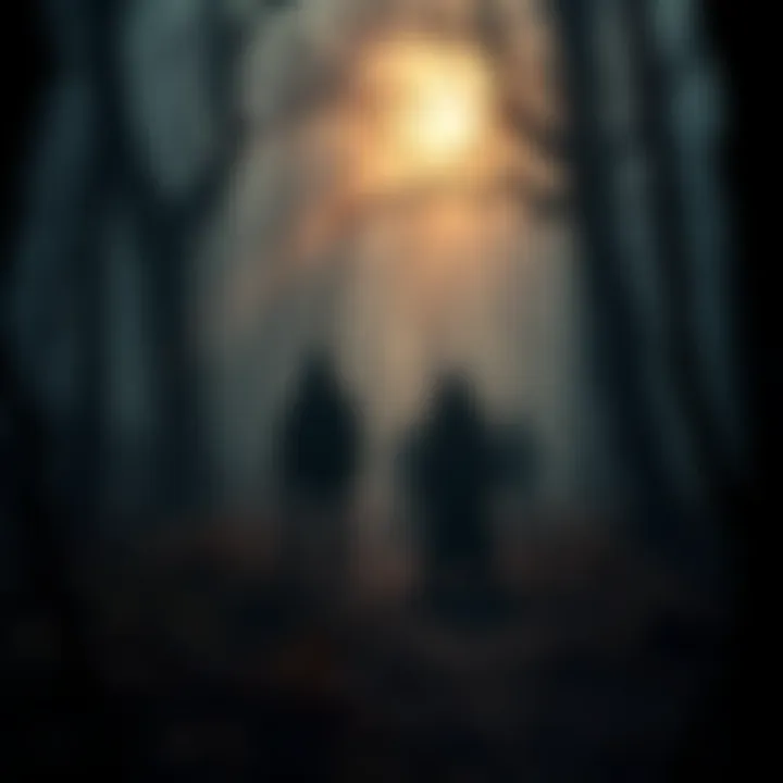 Hunting Grounds in Sarajevo A shadowy forest scene with ominous figures lurking, symbolizing the dark practice of hunting civilians during the war in Sarajevo.