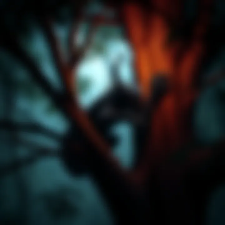 A depiction of Sasabonsam, a blood-sucking creature, hiding among the branches of a tree in a dark forest