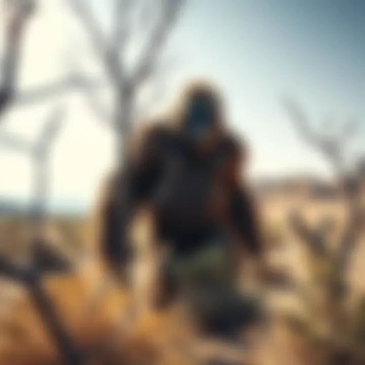 A large, hairy creature resembling Sasquatch standing behind a tree in a desert area, partially hidden among the branches.