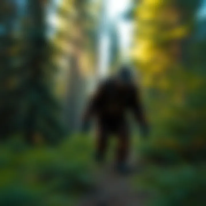 A shaky video still showing a blurry figure resembling Sasquatch in a forest setting in the Canadian Rockies