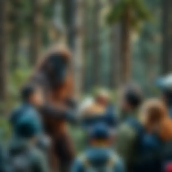 A friendly Sasquatch exchanges food with a group of people in a forest setting, showcasing a moment of connection and understanding between them.