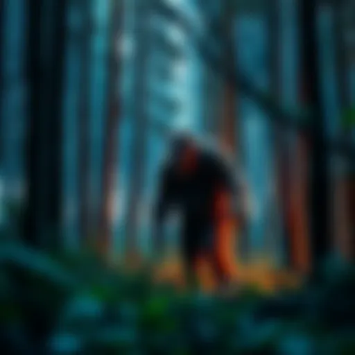 A Sasquatch figure standing in a dense forest, showcasing its tall, hairy body amidst tall trees and underbrush, reflecting different regional traits.