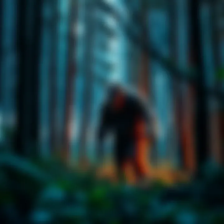 A Sasquatch figure standing in a dense forest, showcasing its tall, hairy body amidst tall trees and underbrush, reflecting different regional traits.