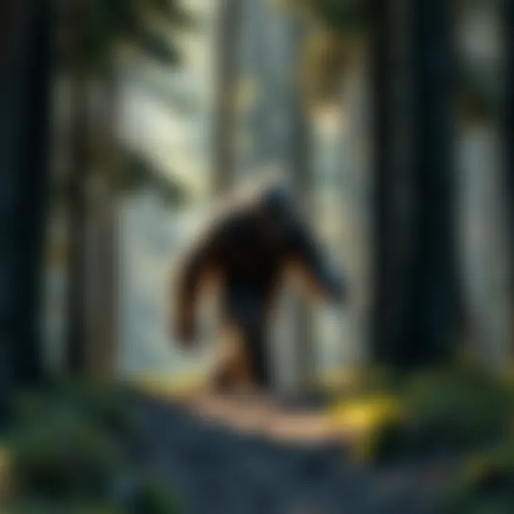 A Sasquatch-like figure moving through the trees of the Sierra Nevada forest