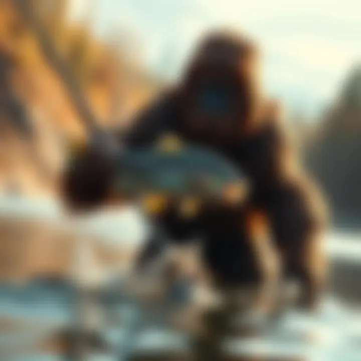A large, hairy figure resembling sasquatch is seen by the river catching fish with its hands.
