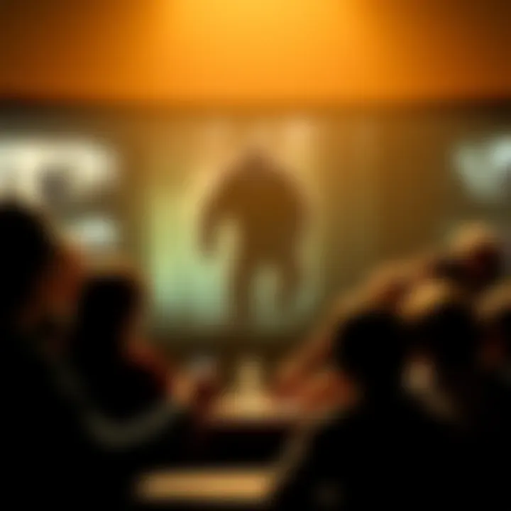 Group of people discussing the authenticity of Sasquatch footage, with images from the PG Film in the background.