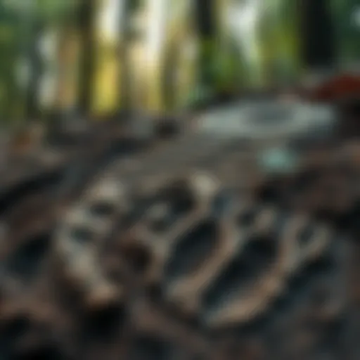 A close-up of a large footprint in the forest mud, surrounded by trees and foliage.