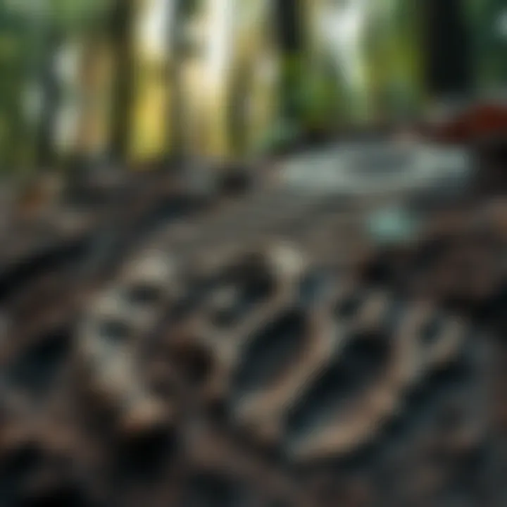 A close-up of a large footprint in the forest mud, surrounded by trees and foliage.