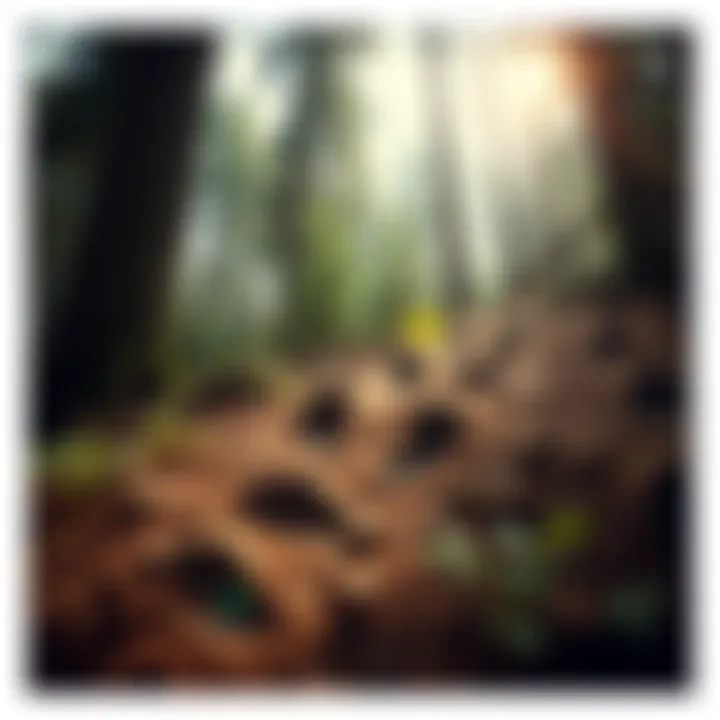A close-up view of large, mysterious footprints in a dense forest, surrounded by trees and foliage, suggesting the presence of Sasquatch.
