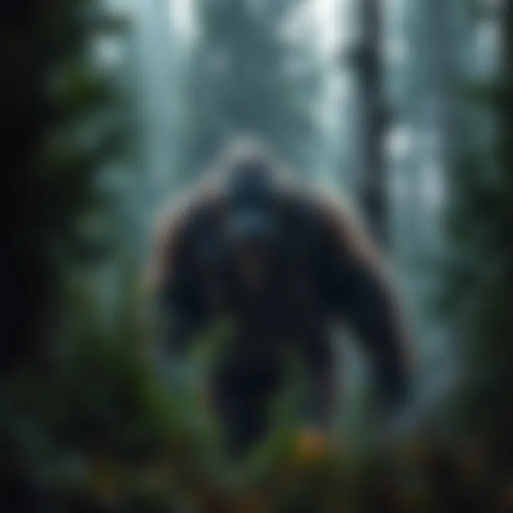 A large, furry creature resembling Sasquatch stands in a dense forest, partially hidden behind trees.