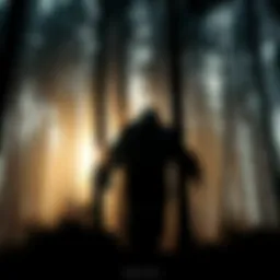 A shadowy figure resembling Sasquatch walking through a dense forest with tall trees