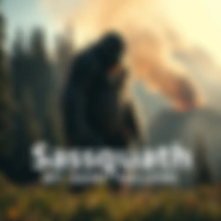 A large, hairy creature resembling Sasquatch standing in a dense forest near Mt. Saint Helens, surrounded by smoke from volcanic eruption