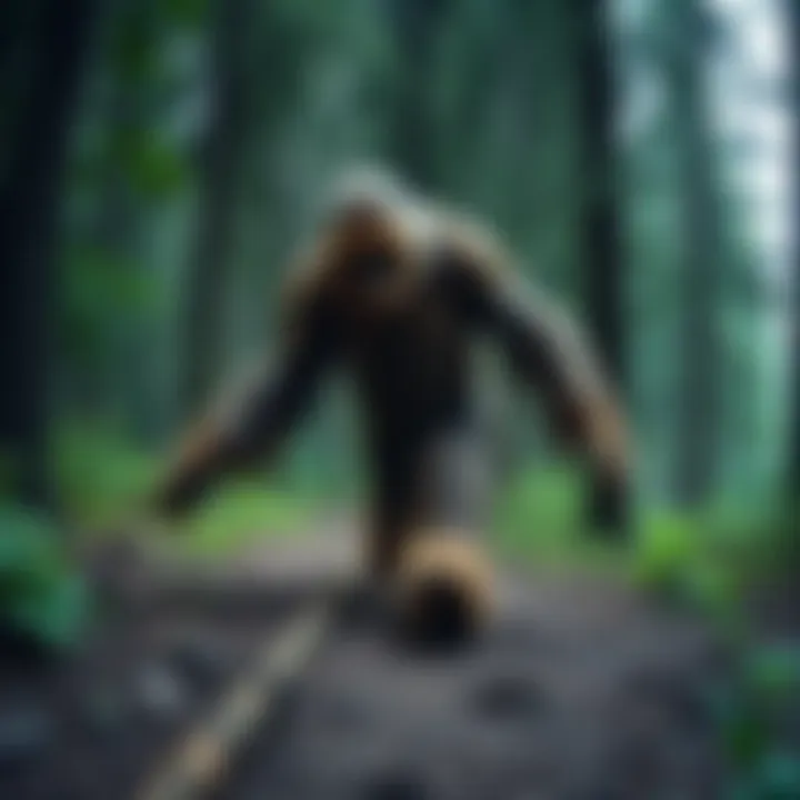 A large, furry creature resembling Sasquatch walks through a dense forest filled with trees and greenery, leaving large footprints behind.