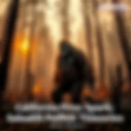 A large, furry Sasquatch figure stands among charred trees in a forest, looking curiously at the surrounding area.