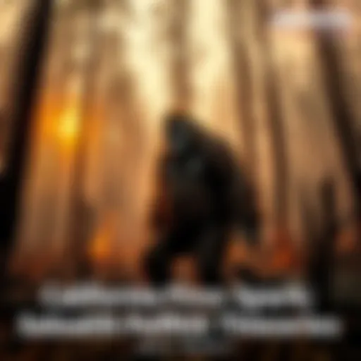 A large, furry Sasquatch figure stands among charred trees in a forest, looking curiously at the surrounding area.