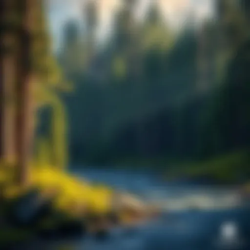 A dense forest with tall trees and a serene river, representing the ideal home for Sasquatch.