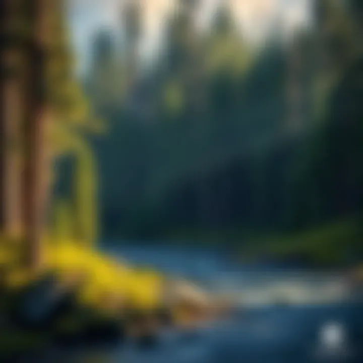 Sasquatch Habitat A dense forest with tall trees and a serene river, representing the ideal home for Sasquatch.