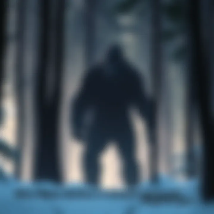 Sasquatch in the Woods A large, shadowy figure resembling Sasquatch standing among trees in a forest setting.