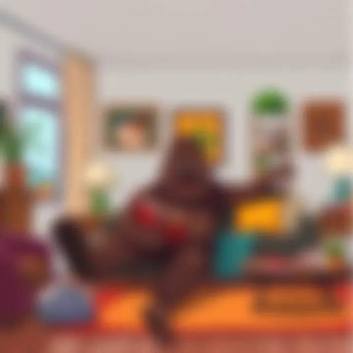 A friendly Sasquatch enjoying the comforts of home, showcasing the humorous side of keeping a legendary creature as a pet.