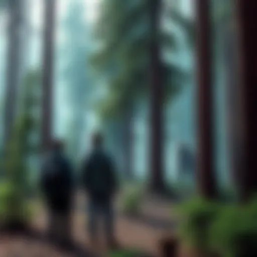 A psychologist and a British biologist stand in an Oregon forest, spotting a Sasquatch in the distance among the trees