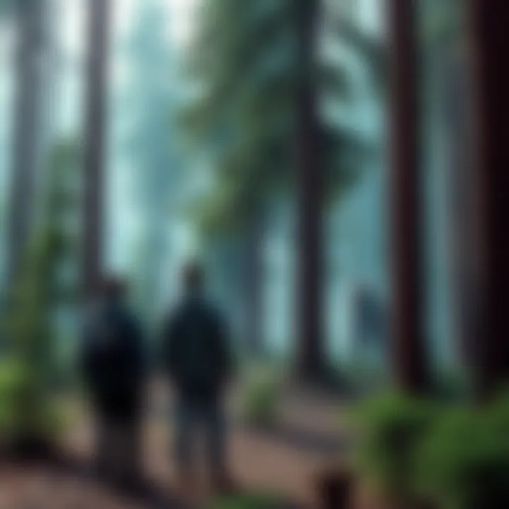 A psychologist and a British biologist stand in an Oregon forest, spotting a Sasquatch in the distance among the trees