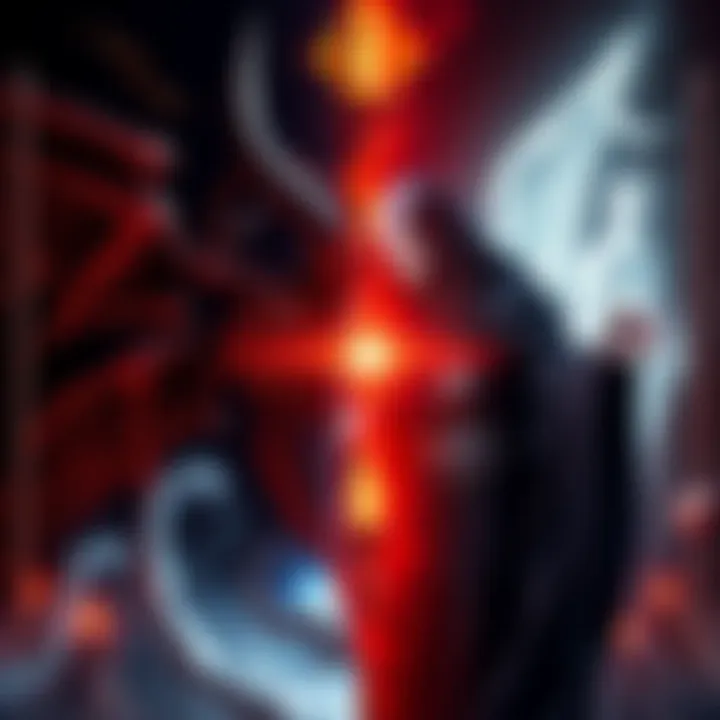 Satan and Lucifer Representations A contrasting image showing a dark figure symbolizing Satan on one side and a light figure representing Lucifer on the other, surrounded by symbols of various beliefs.