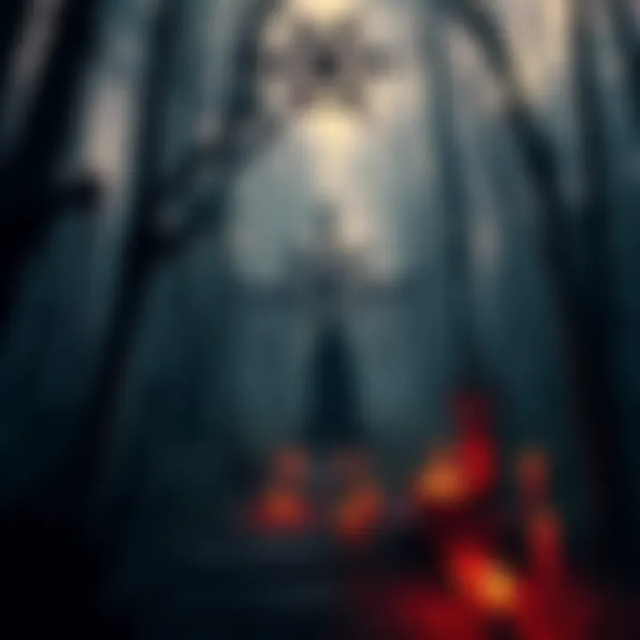 An artist's depiction of a dark forest scene, hinting at satanic rituals, with shadowy figures and ominous symbols, reflecting the disturbing claims of cannibalism and abuse.