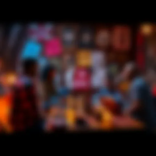 A group of diverse individuals discussing ideas for a Satanic podcast in a casual setting, surrounded by symbols and creative materials.