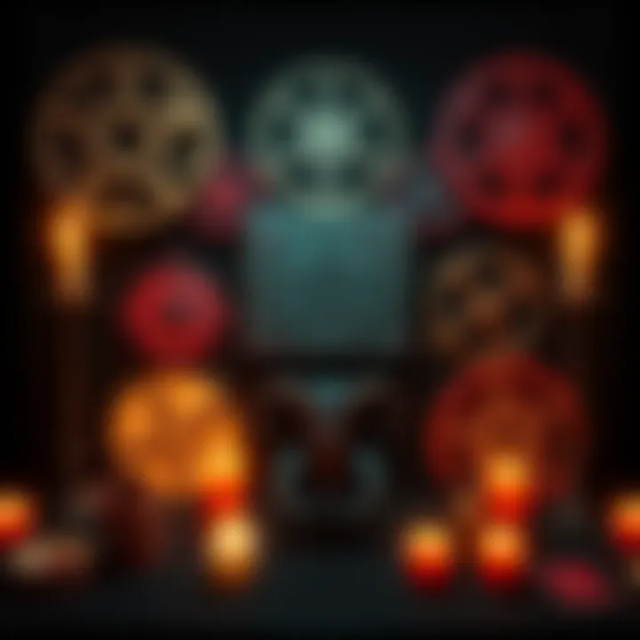 A collection of various Satanic sigils including the pentagram and Sigil of Baphomet, arranged on a dark background with candles lit around them.