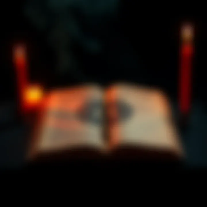 An open book with symbols related to satanism on its pages, surrounded by candles and incense smoke, symbolizing exploration and learning.