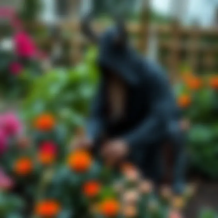 A Satanist in traditional attire gardening with plants and flowers, showing care for nature.