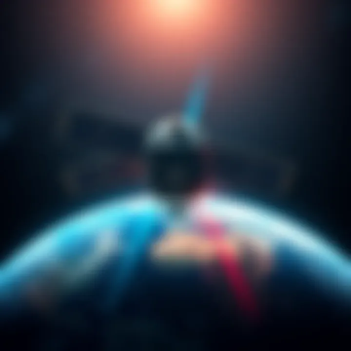 A satellite in space sending signals towards Earth, surrounded by radio wave graphics indicating mind control technology.