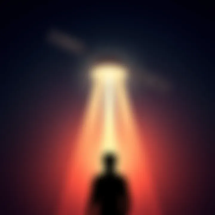 A satellite in orbit with beams of light directed towards the ground, symbolizing mind-reading surveillance. A silhouette of a person looks distressed below, representing victims of this technology.