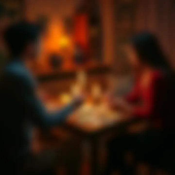 A person sitting at a table with tarot cards, engaging in a love reading with another individual, surrounded by candles and soft lighting.