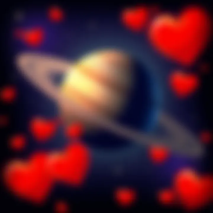 An illustration of Saturn transitioning into Aries, featuring the planet Saturn with a fiery Aries symbol and hearts to represent love and responsibility, set against a starry background.