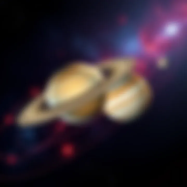 Illustration of Saturn and Jupiter in retrograde motion with cosmic background