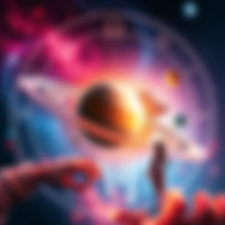 A representation of Saturn and Mars positioned in the 12th house with a Leo symbol backdrop, showing cosmic elements and spiritual themes.