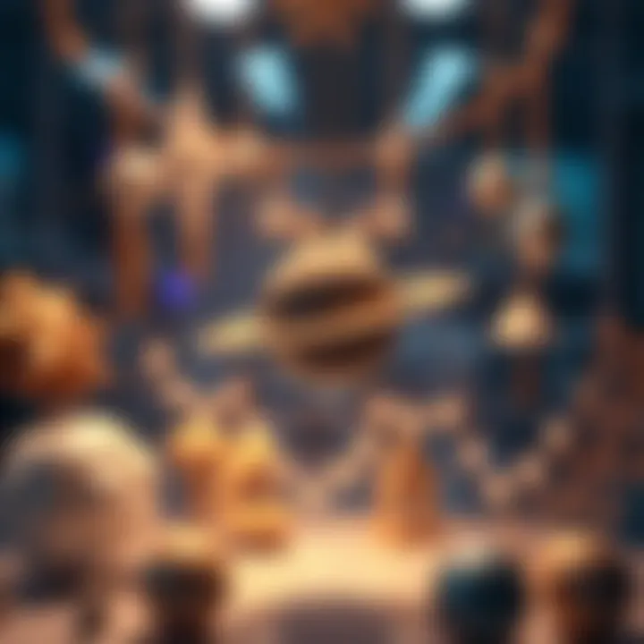 A close-up of a shimmering Saturn necklace hanging on a display, surrounded by celestial-themed decorations.