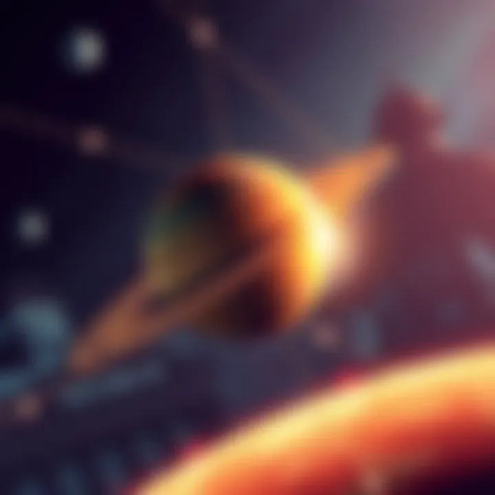 A graphic showing the planets Saturn and Uranus with lines connecting them, representing the astrological aspect of squares, set against a backdrop of economic and political symbols like buildings and technology icons.