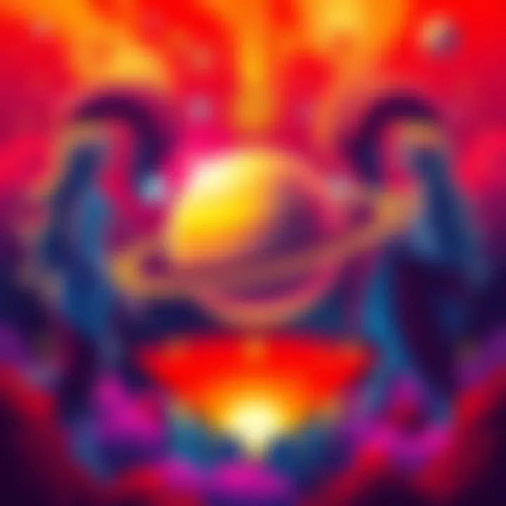 A symbolic illustration showing Saturn shifting into Aries, with vibrant colors and astrological symbols representing love and relationships for people with Venus in Aries.