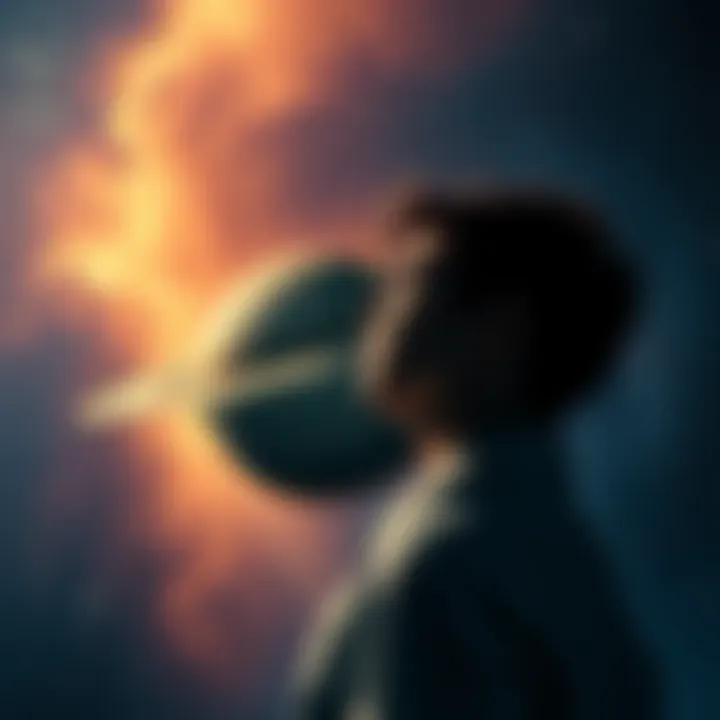 An artistic representation of Saturn with the 12th house symbol, depicting a person reflecting on their astrological experiences, surrounded by stars and cosmic elements.