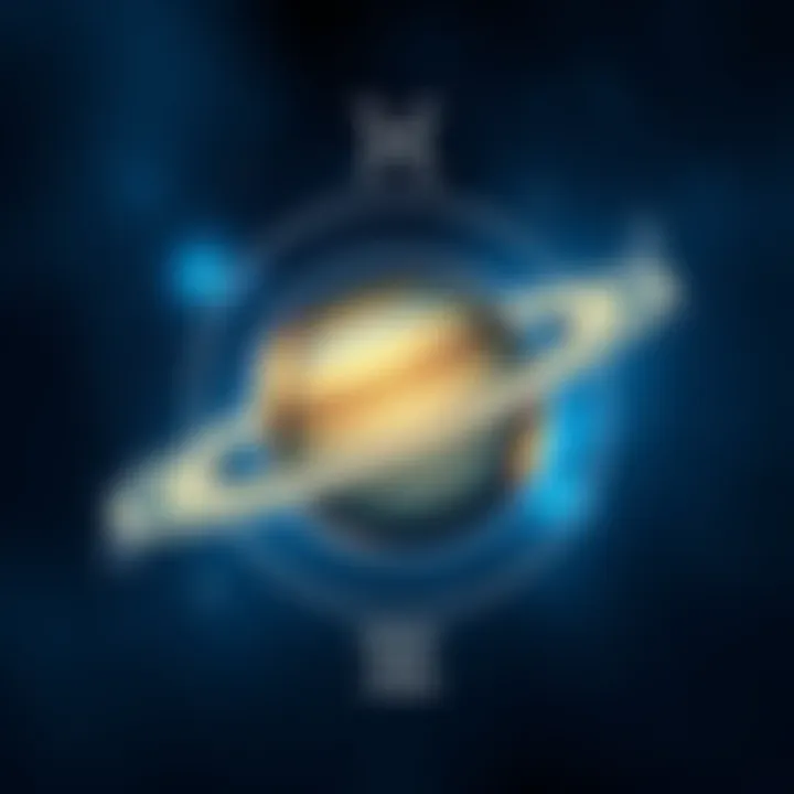 Illustration showing Saturn and Aquarius symbols intertwined, with a backdrop of stars and a cold, structured design representing Saturn's analytical nature.