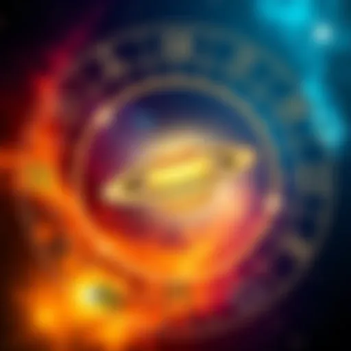 An illustration showing the twelve astrological houses with Saturn symbol in the center, highlighting how each placement may affect personality traits.