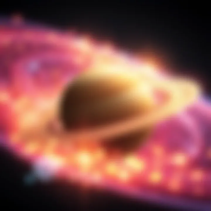 A glowing Saturn surrounded by colorful energy waves that represent its influence on consciousness.