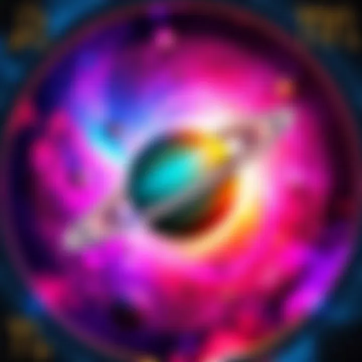 An artistic representation of Saturn positioned within a vibrant fifth house setting, symbolizing creativity and relationships.