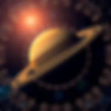A visualization of Saturn surrounded by geometric shapes and patterns, representing cosmic connections and prime numbers.