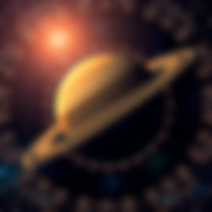 A visualization of Saturn surrounded by geometric shapes and patterns, representing cosmic connections and prime numbers.