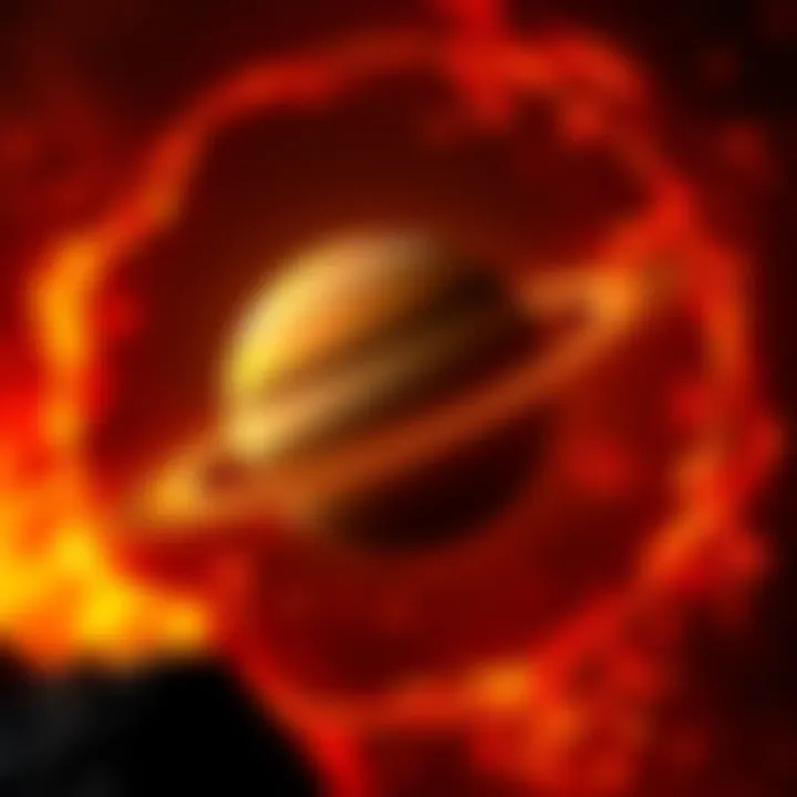 A visual representation of Saturn transitioning into Aries, showing the planet Saturn with a fiery background symbolizing Aries energy.