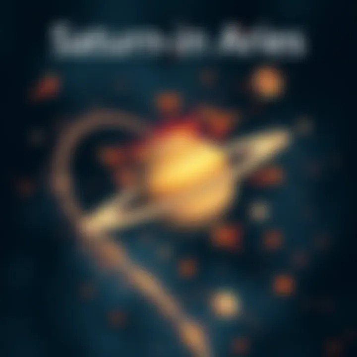 A fiery illustration of Saturn in an astrological setting, symbolizing challenges and emotional intensity, surrounded by Aries symbols.