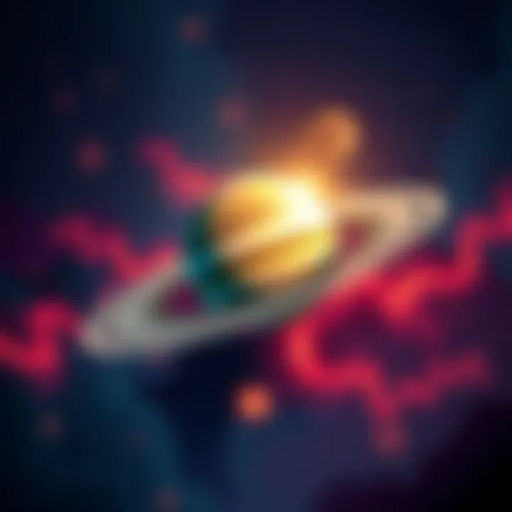 An illustration showing Saturn entering the sign of Aries, symbolizing the clash between discipline and impulsivity, with a background of stars and cosmic elements.